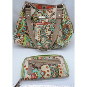 Spartina 449 Linen & Leather Floral Paisley Print Handbag w/matching Wallet read